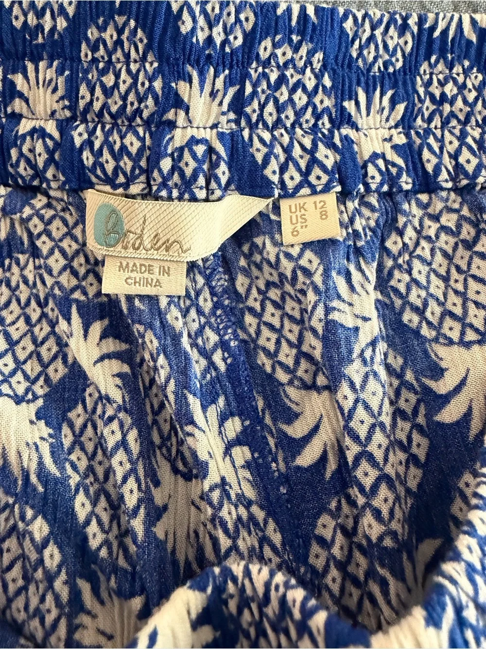 Boden Bembridge Blue Pineapple Shorts, Pull On Crinkle Fabric, Tassels